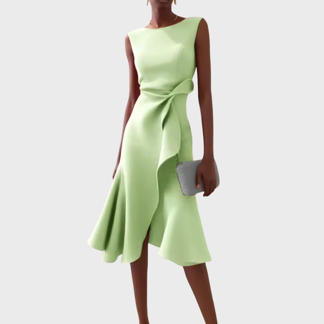 Aeris Draped Asymmetric Midi Dress For Summer Days