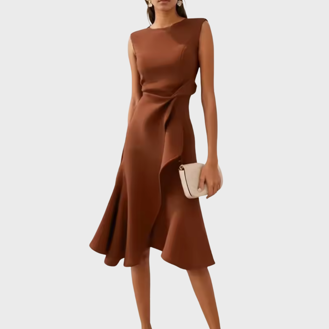 Aeris Draped Asymmetric Midi Dress For Summer Days